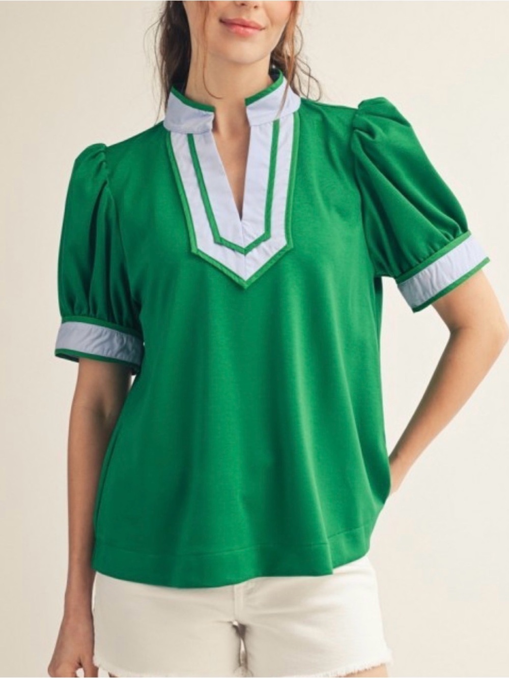 JODIFL Green Short Puff Sleeve Split-Neck Top with Lt Blue Trim